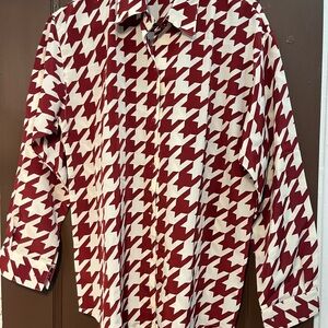 Vintage 80s Blouse Womens Button Up Long Sleeve Top Red White Houndstooth L/XL